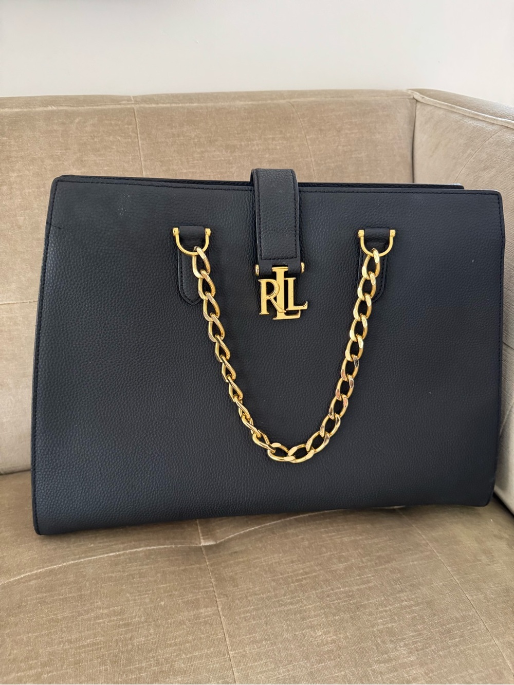 Ralph Lauren Black Leather Tote with Gold Chain Accent